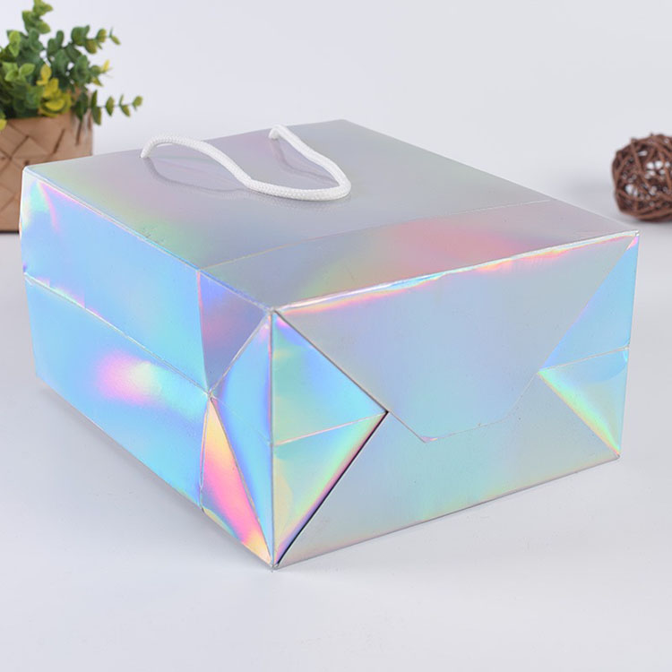Bolsa de la compra de papel holográfico iridiscente con diseño personalizado de Lipack con su logotipo